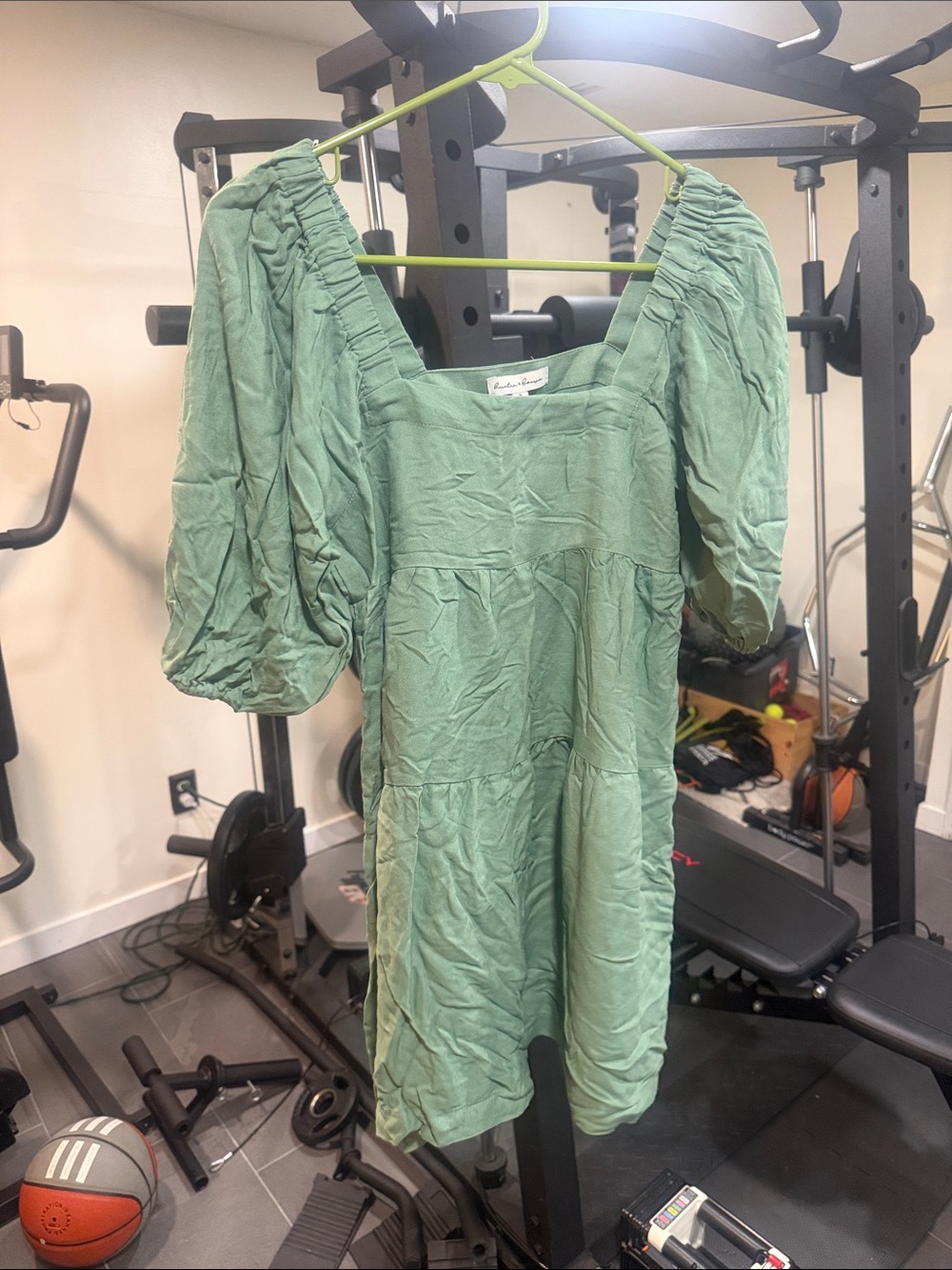 NWT - Hunter & Brown Rayon Tiered Puff Sleeve Boho Mini Dress Green Small